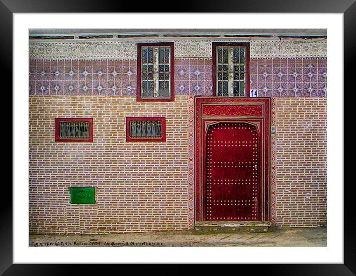 A tiled frontage to a residence in Tetoun town, Morocco. Framed Mounted Print by Peter Bolton