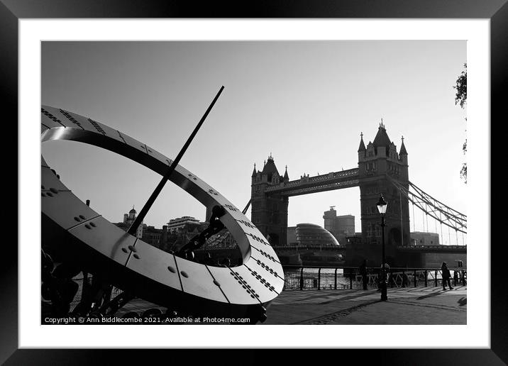 London bridge and sundial in monochrome Framed Mounted Print by Ann Biddlecombe