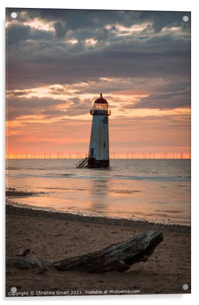 Talacre Lighthouse Driftwood Sunset Acrylic by Christine Smart