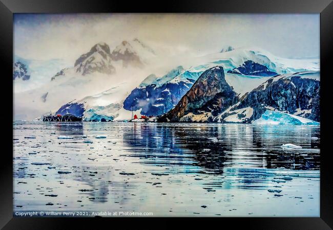 Snowing Argentine Station Blue Glacier Paradise Harbor Antarctic Framed Print by William Perry