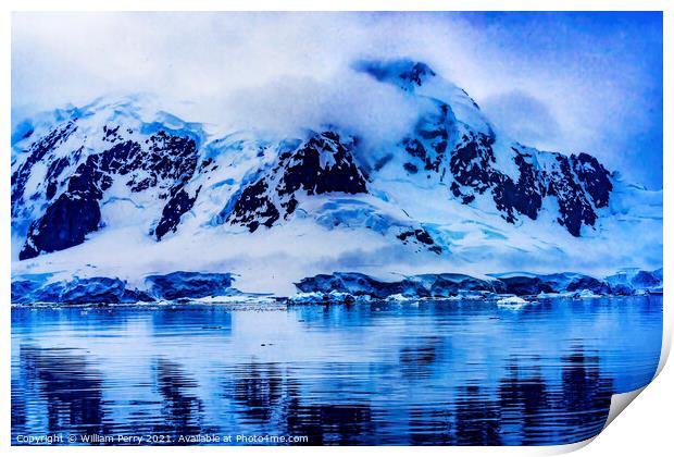 Blue Glacier Snow Mountains Reflection Paradise Bay Antarctica Print by William Perry