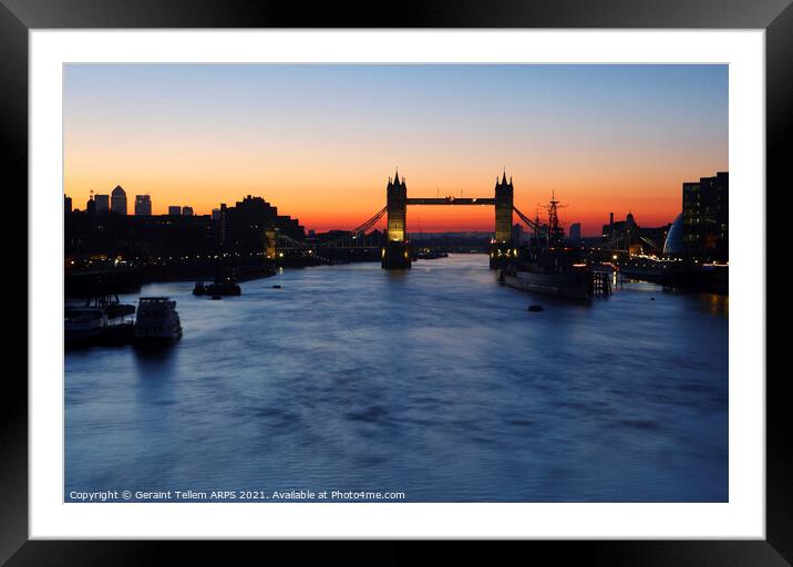 Tower Bridge, HMS Belfast and River Thames at sunrise, London, England, UK Framed Mounted Print by Geraint Tellem ARPS