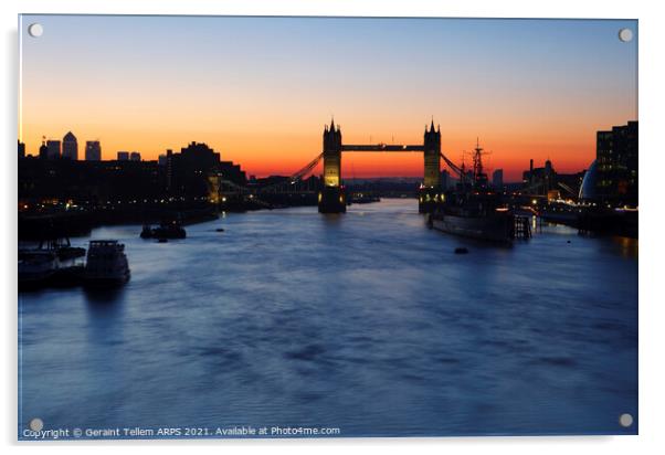 Tower Bridge, HMS Belfast and River Thames at sunrise, London, England, UK Acrylic by Geraint Tellem ARPS