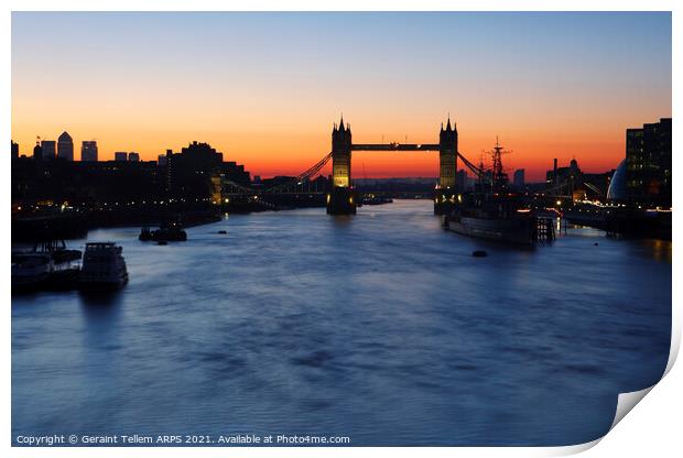 Tower Bridge, HMS Belfast and River Thames at sunrise, London, England, UK Print by Geraint Tellem ARPS