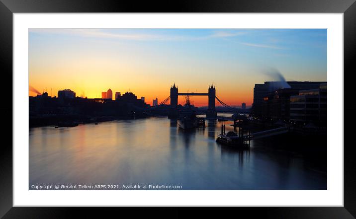 Tower Bridge, HMS Belfast and River Thames at sunrise, London, England, UK Framed Mounted Print by Geraint Tellem ARPS