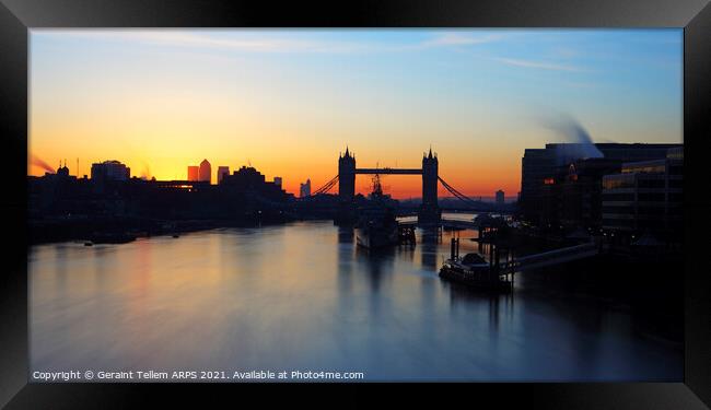 Tower Bridge, HMS Belfast and River Thames at sunrise, London, England, UK Framed Print by Geraint Tellem ARPS