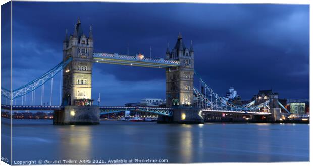 Tower Bridge at dusk looking east, London, UK Canvas Print by Geraint Tellem ARPS