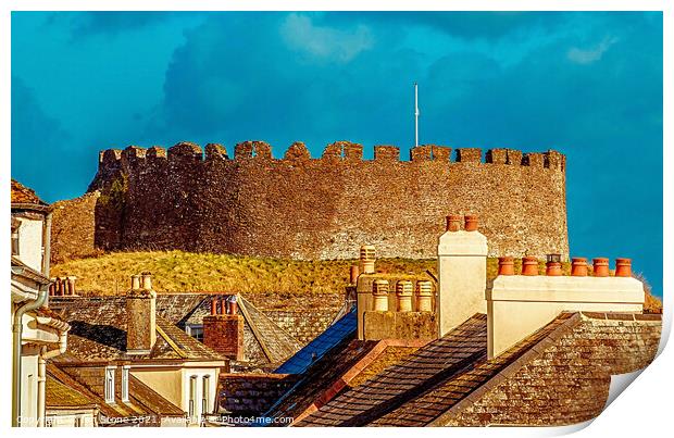 Totnes castle through the rooftops  Print by Ian Stone