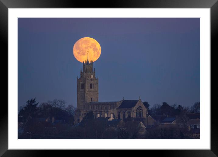 Snow Moon (or Hunger Moon) setting behind St Andrew's Church, Su Framed Mounted Print by Andrew Sharpe