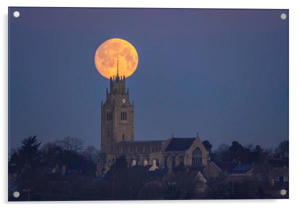 Snow Moon (or Hunger Moon) setting behind St Andrew's Church, Su Acrylic by Andrew Sharpe