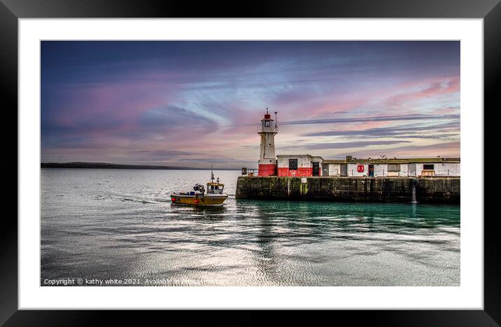 Light House Newlyn harbour, sunset Cornwall, fishe Framed Mounted Print by kathy white