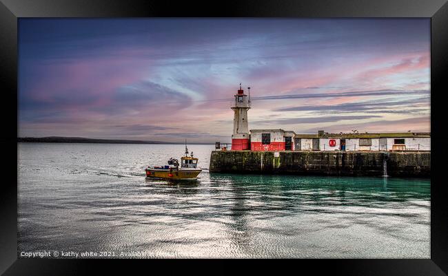 Light House Newlyn harbour, sunset Cornwall, fishe Framed Print by kathy white