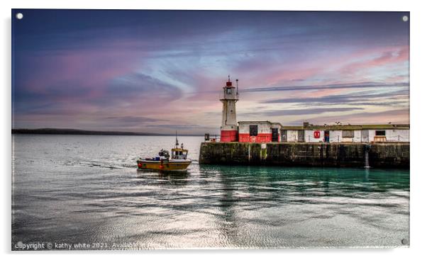 Light House Newlyn harbour, sunset Cornwall, fishe Acrylic by kathy white