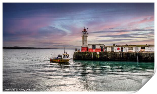 Light House Newlyn harbour, sunset Cornwall, fishe Print by kathy white