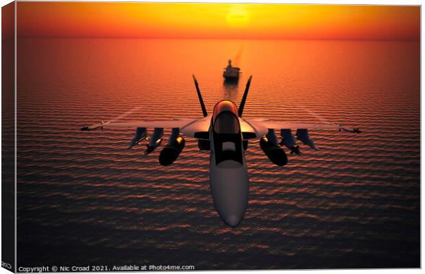 F/A-18 Super Hornet and aircraft carrier at sunset Canvas Print by Nic Croad