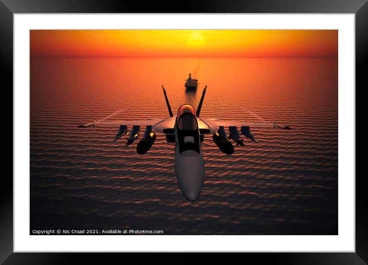 F/A-18 Super Hornet and aircraft carrier at sunset Framed Mounted Print by Nic Croad