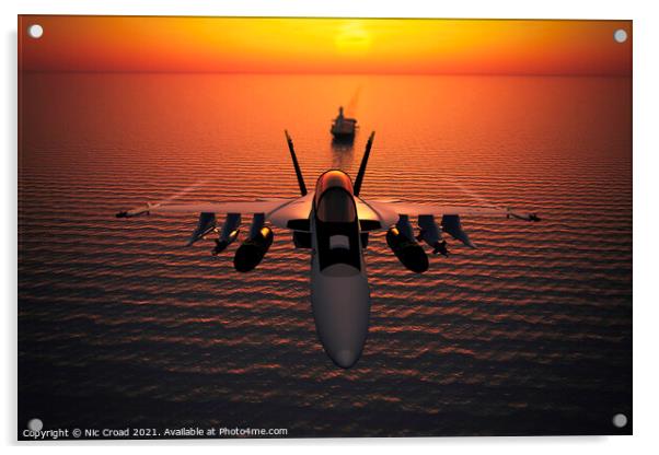 F/A-18 Super Hornet and aircraft carrier at sunset Acrylic by Nic Croad