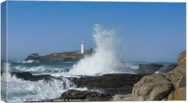 Godrev Lighthouse,Cornish beach  Canvas Print by kathy white