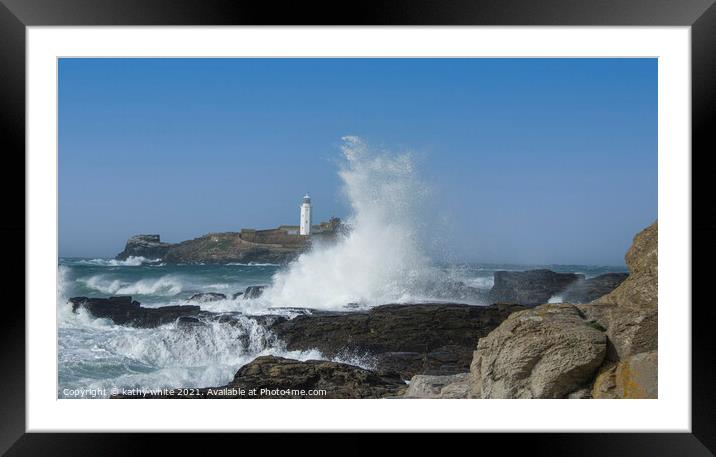 Godrev Lighthouse,Cornish beach  Framed Mounted Print by kathy white