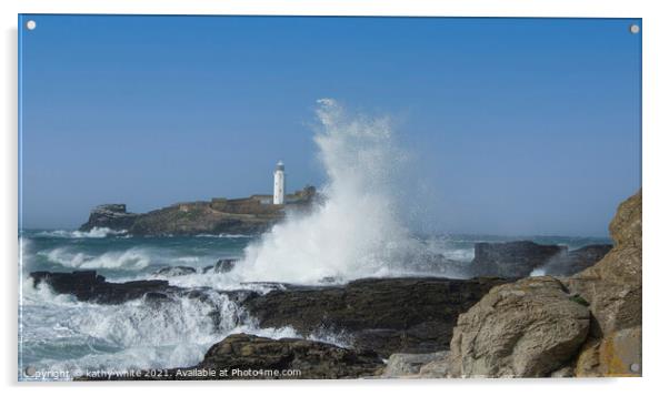 Godrev Lighthouse,Cornish beach  Acrylic by kathy white