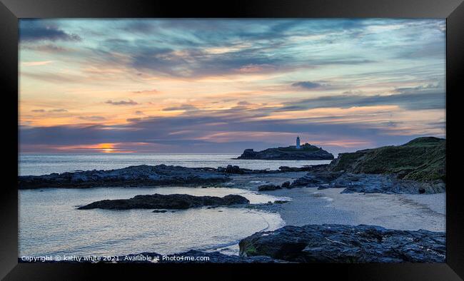Godrevy ,Lighthouse, Cornwall sunset Framed Print by kathy white