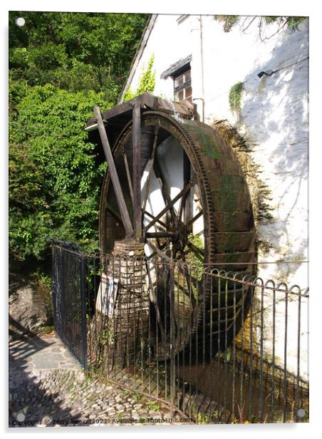 Crumplehorn Mill waterwheel Polperro Acrylic by Terry Senior