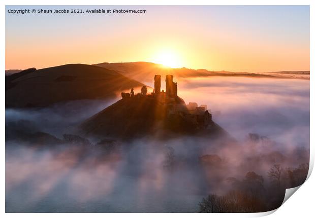Corfe castle sun burst cloud inversion  Print by Shaun Jacobs