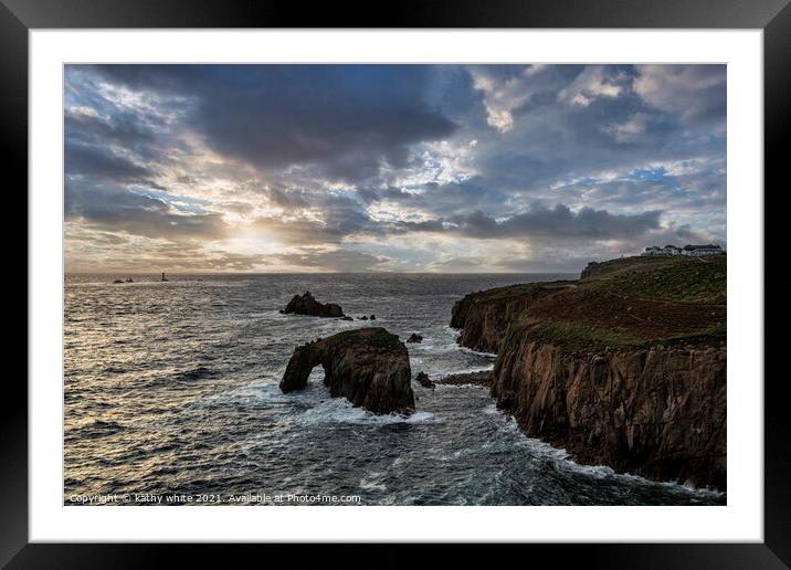 longships lighthouse Sunset set Lands End Cornwall Framed Mounted Print by kathy white