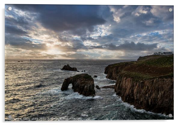 longships lighthouse Sunset set Lands End Cornwall Acrylic by kathy white