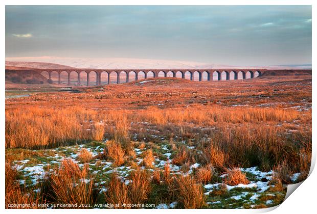 The Ribblehead Viaduct at Sunset in Winter Print by Mark Sunderland