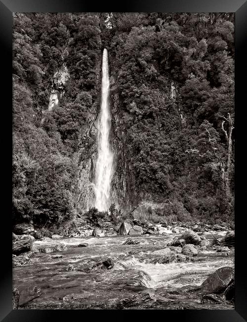 Thunder Creek Falls BW- New Zealand Framed Print by Steven Ralser