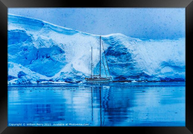 Sailboat Icebergs Glacier Snow Mountains Paradise Bay Antarctica Framed Print by William Perry