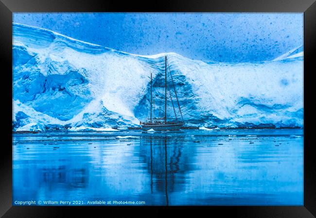 Sailboat Icebergs Glacier Snow Mountains Paradise Bay Antarctica Framed Print by William Perry