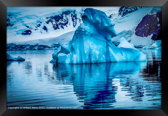 Blue Glacier Iceberg Snow Mountains Paradise Bay Antarctica Framed Print by William Perry