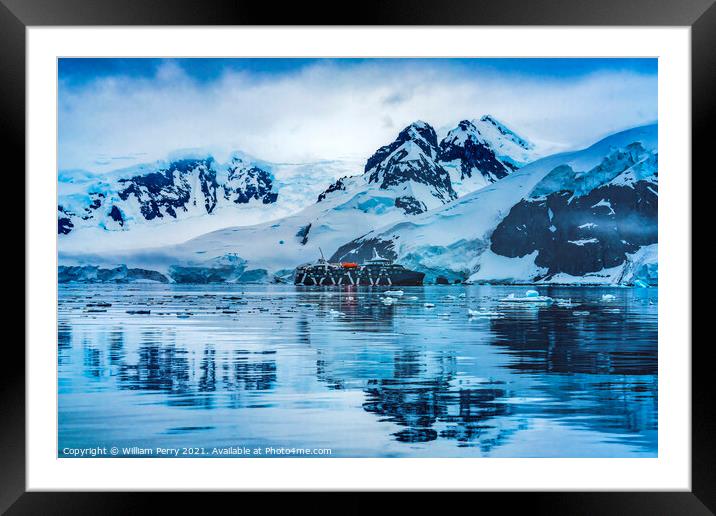 Cruise Ship Blue Glacier Snow Mountains Paradise Bay Antarctica Framed Mounted Print by William Perry