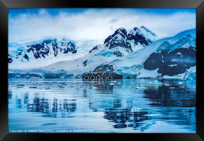 Cruise Ship Blue Glacier Snow Mountains Paradise Bay Antarctica Framed Print by William Perry