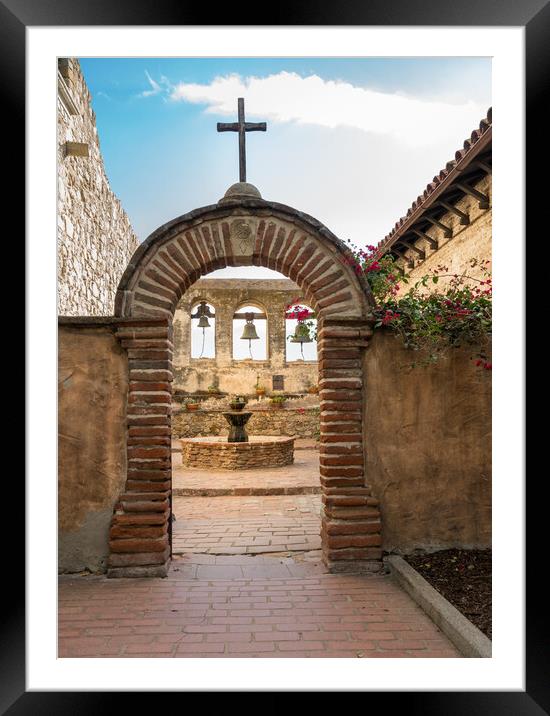 Bell tower in San Juan Capistrano mission Framed Mounted Print by Steve Heap