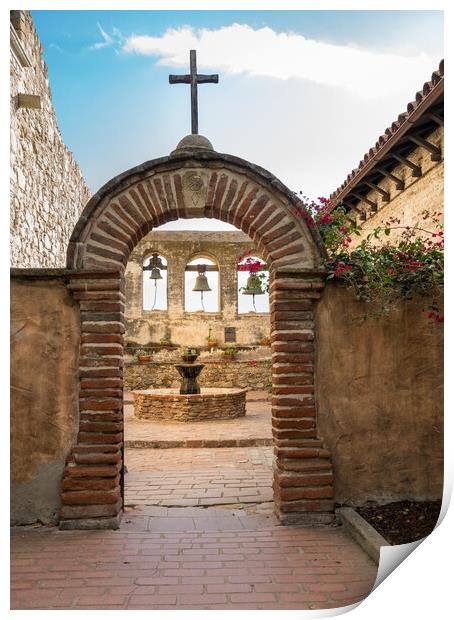 Bell tower in San Juan Capistrano mission Print by Steve Heap