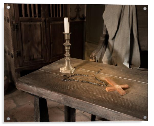 Ancient table with candle, rosary and cross in priest room Acrylic by Steve Heap