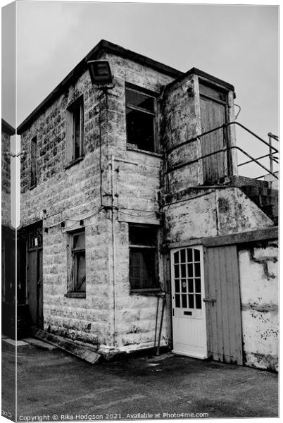 Black & White Dilapidated Guard House, Newlyn Harb Canvas Print by Rika Hodgson