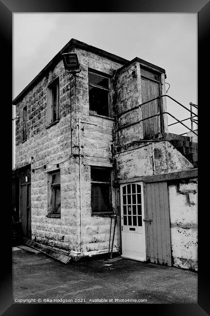 Black & White Dilapidated Guard House, Newlyn Harb Framed Print by Rika Hodgson