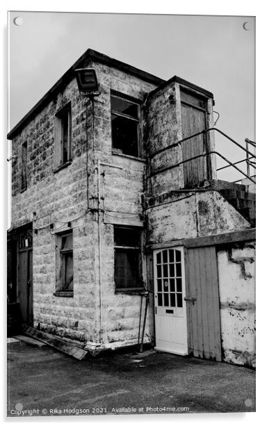 Black & White Dilapidated Guard House, Newlyn Harb Acrylic by Rika Hodgson