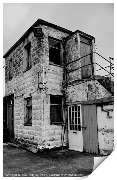 Black & White Dilapidated Guard House, Newlyn Harb Print by Rika Hodgson