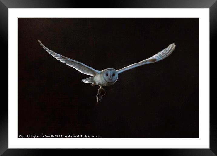 Barn Owl with Field Vole Framed Mounted Print by Andy Beattie