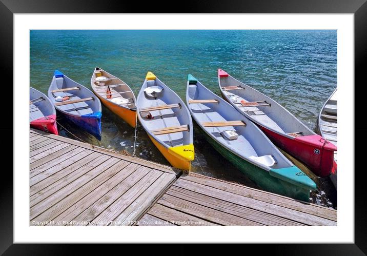 Colorful boats sitting near a wooden dock over some water Framed Mounted Print by PhotOvation-Akshay Thaker