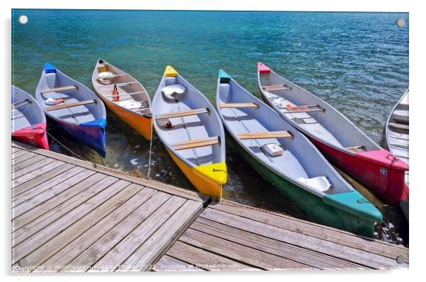 Colorful boats sitting near a wooden dock over some water Acrylic by PhotOvation-Akshay Thaker