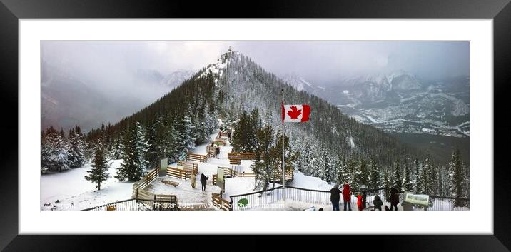A group of people standing on top of a snow covered Sulphur Mountain in Banff National Park Framed Mounted Print by PhotOvation-Akshay Thaker