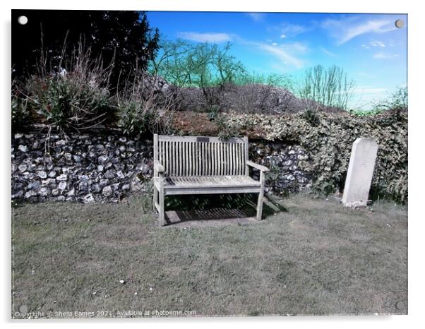 The Resting Bench at the Church in Newington  Acrylic by Sheila Eames
