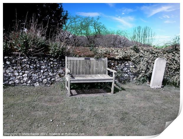 The Resting Bench at the Church in Newington  Print by Sheila Eames