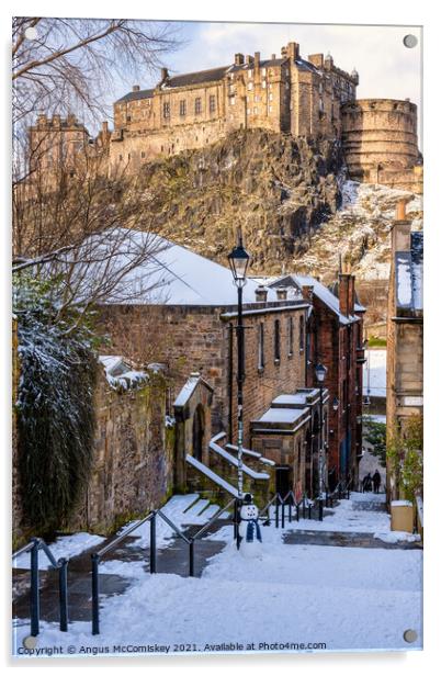 Edinburgh Castle from The Vennel with snowman Acrylic by Angus McComiskey